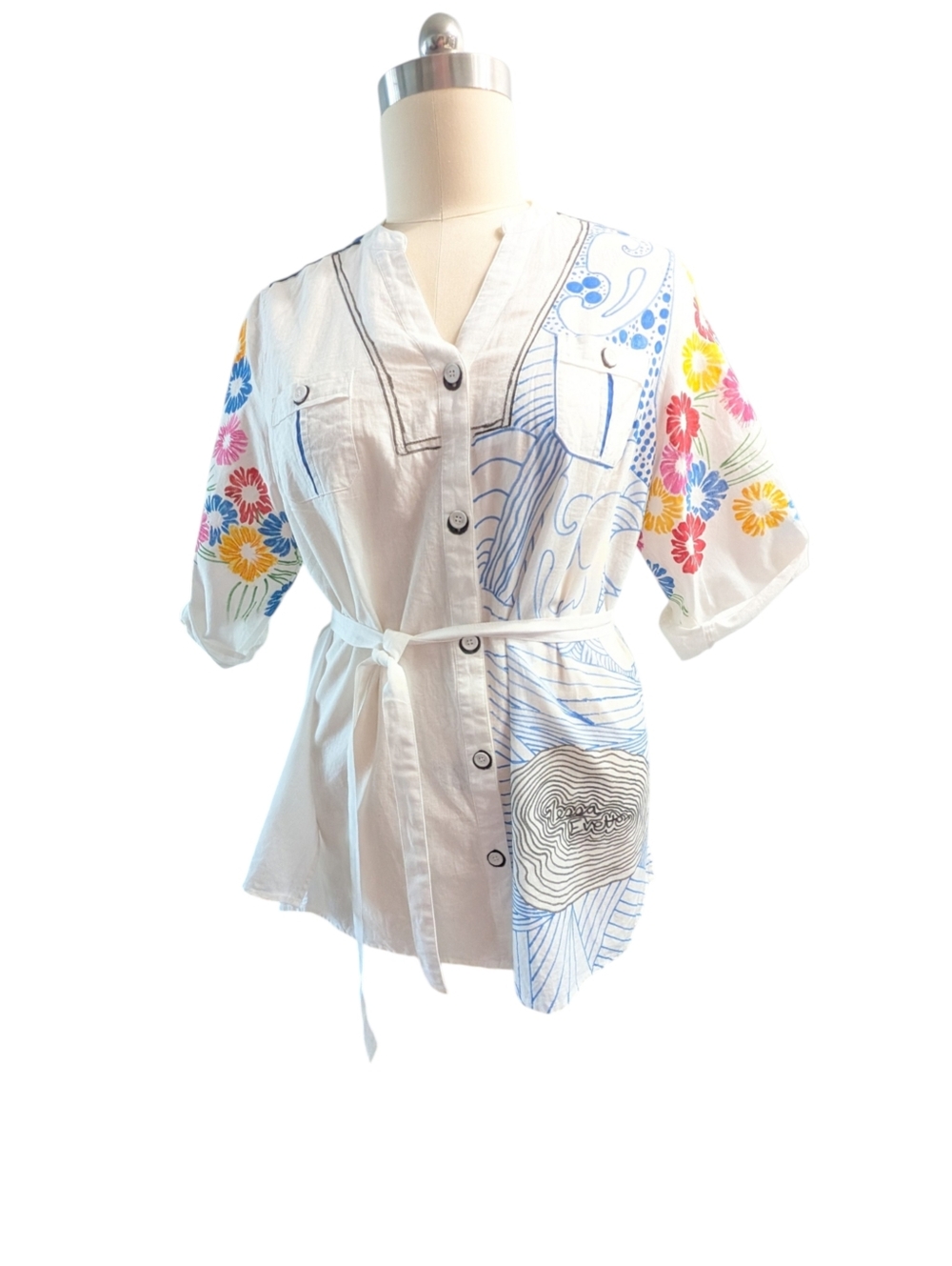 Lane Bryant Embellished Floral Graphic Linen Button Down Shirt OOAK 22/24 - Picture 4 of 12